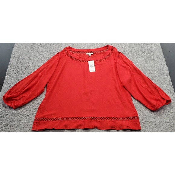Ella Moss Blouse Top Womens Large Red Solid Eyelet Rayon Long Sleeve Round Neck‎ - Picture 1 of 6